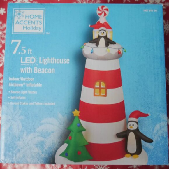 7.5 Ft Lighthouse Penguins LED Christmas Airblown Inflatable Coastal Beach Boat - Picture 3 of 4